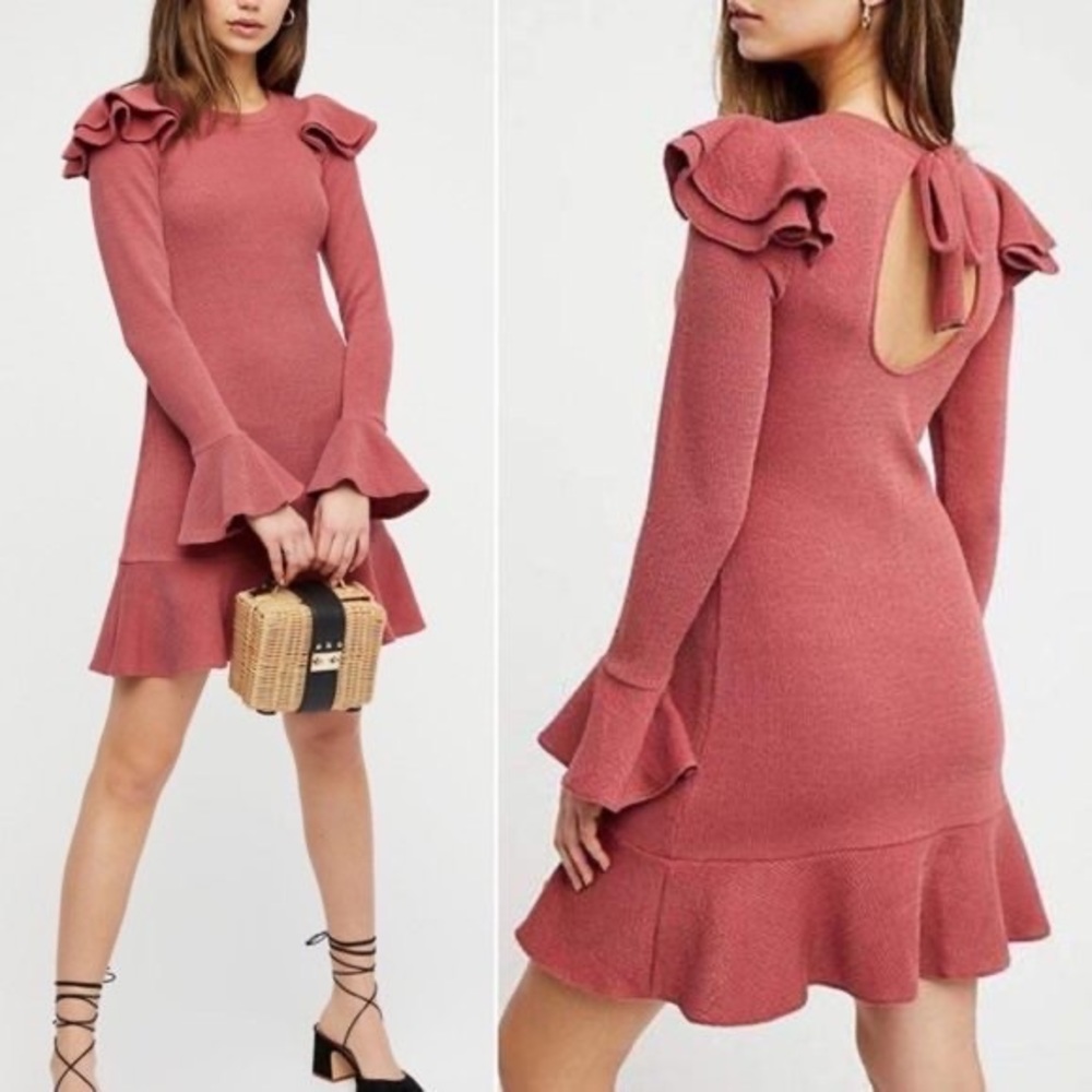 Saylor x Free People Pink Sweater Dress Ruffle Sleeve Pink Mauve